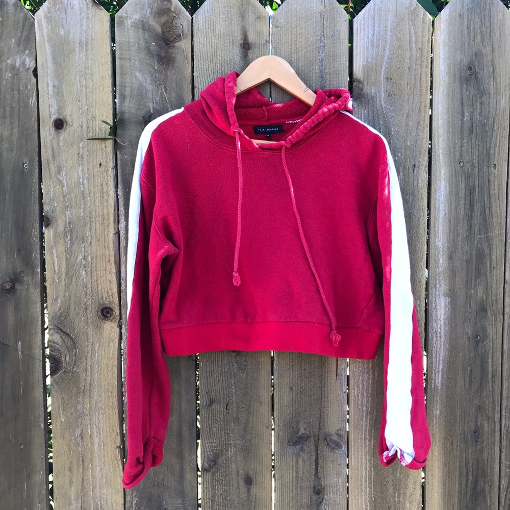 L.A. Hearts M red and white cropped sweatshirt.
